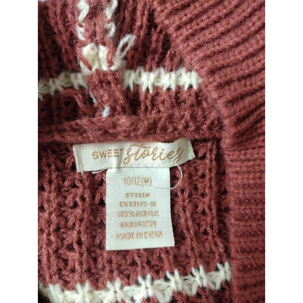 Sweet Stories Girls Rust Red Striped Waffle Knit Hooded Cardigan Sweater 10/12 M
